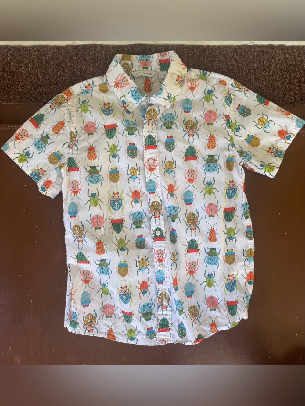 Janie and Jack Beetle Bug Printed Button Down Short Sleeve Shirt - Boys 12